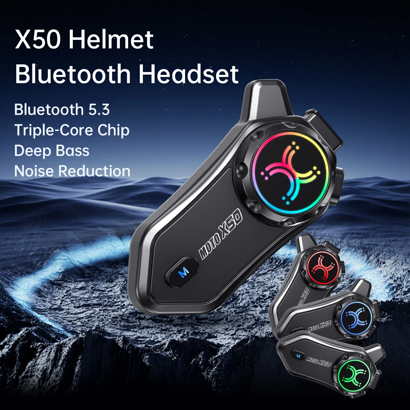 X50 Motorcycle Helmet Bluetooth Headset Bluetooth5.3 ENC-DSP Noise Reduction IP67 Waterproof RGB Ambient Light 35H Long Working