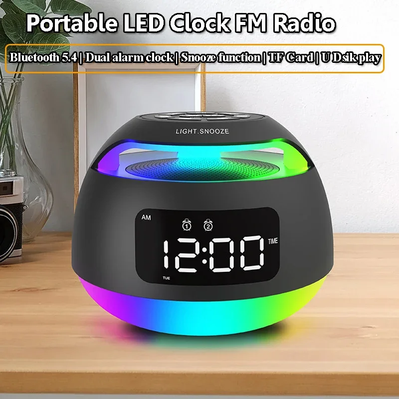 Portable LED Clock FM Radio RGB Colorful Light Radios Receiver Wireless Bluetooth Speaker with Dual Alarm Clock Support TF USB