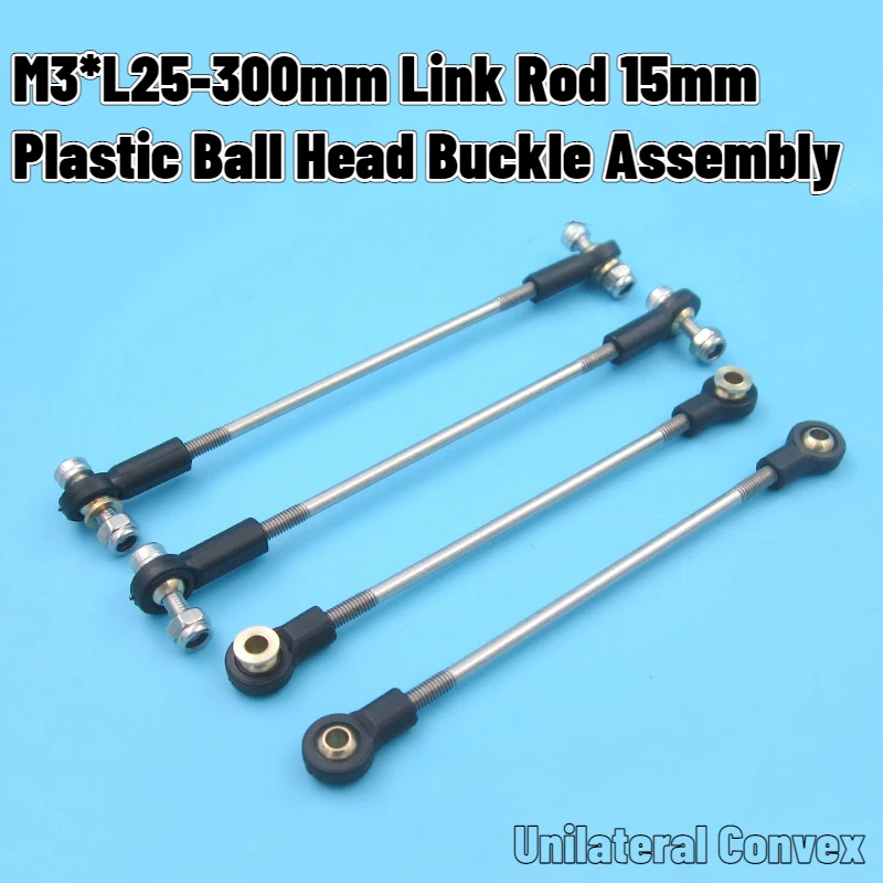 

1pc M3*L25mm-300mm Metal Link Rod 15mm Plastic Unilateral Convex Ball Head Buckle Tie Rod End Assembly Adjustable Range 5mm