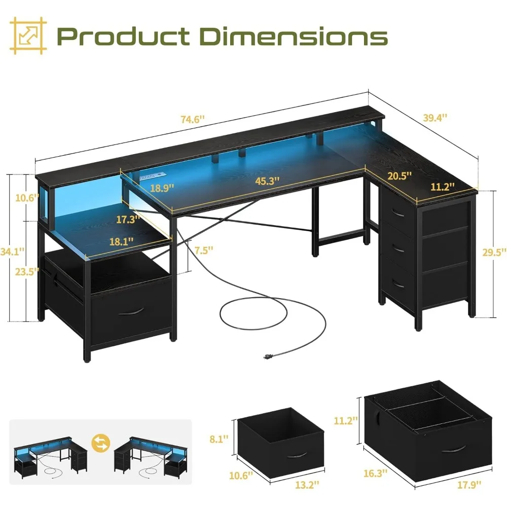 LShaped Desk with Drawers, Gaming Desk with LED Lights& Outlets,Reversible Computer Desk with Storage File Cabinet&Printer Stand