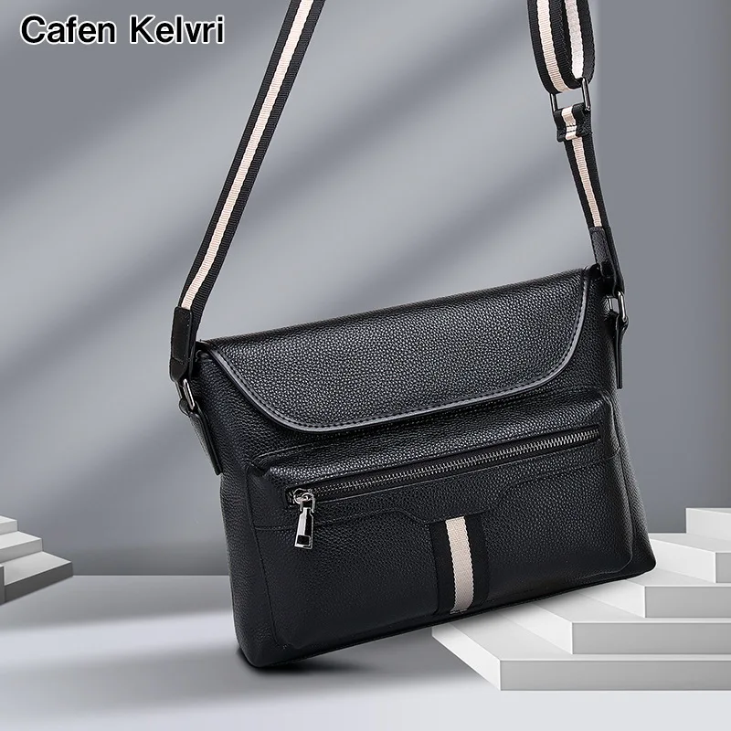Large-capacity crossbody bag for men, multi-pocket genuine leather horizontal square business travel single-shoulder backpack