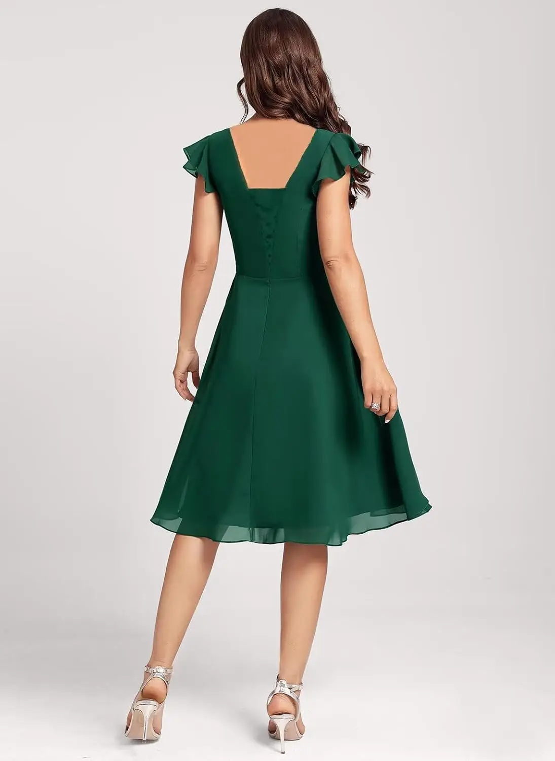 Short Chiffon Bridesmaid Dresses for Women V Neck Flutter Sleeves Ruffle Formal Cocktail Gowns with Pockets Knee Length Party