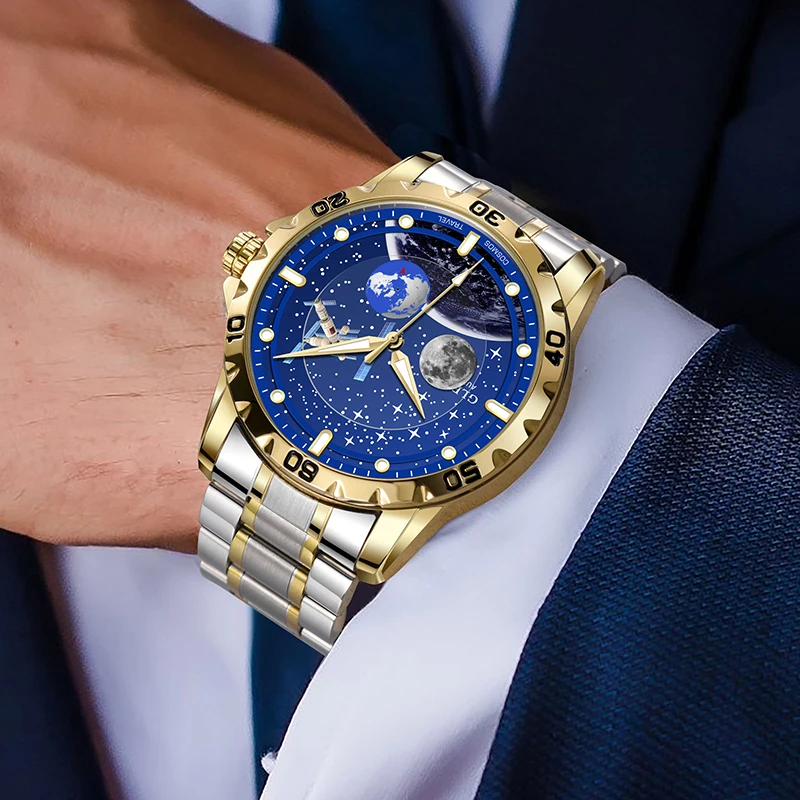 2025 جديد GLENAW الرجال ساعات أوتوماتيكية الهيكل العظمي السماء المرصعة بالنجوم القمر المرحلة مضيئة مقاوم للماء الفولاذ المقاوم للصدأ ساعة ميكانيكية الرجال