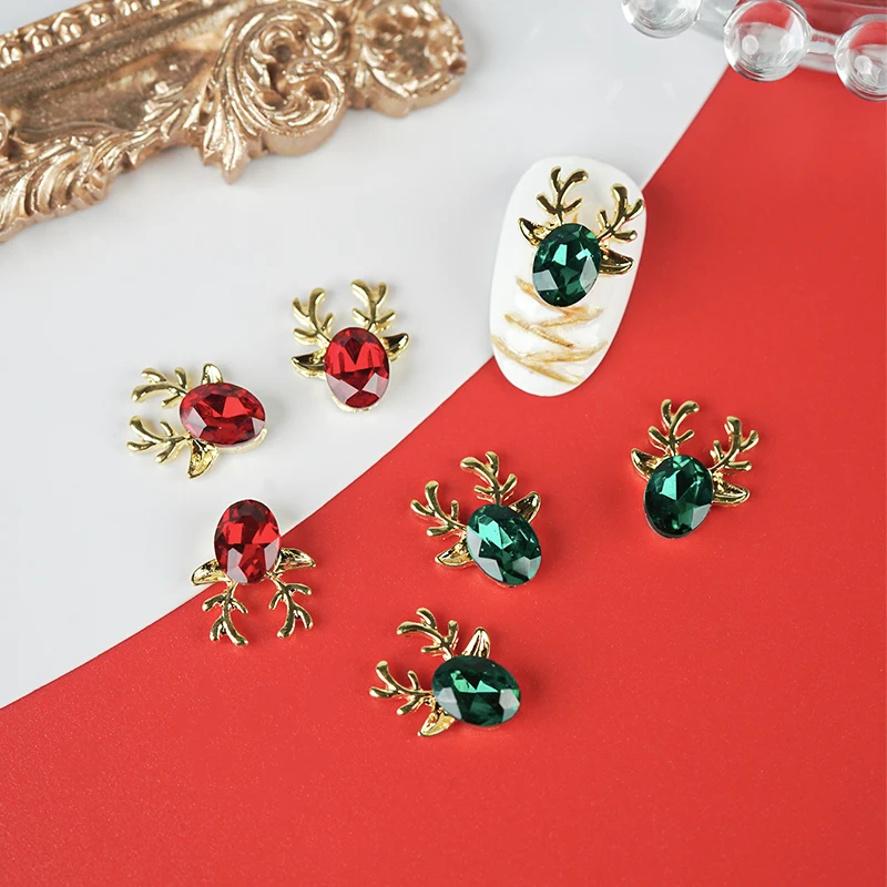 10 PCS Christmas Series Cute Reindeer Alloy Rhinestones Christmas Nail Decoration DIY Nail Accessories