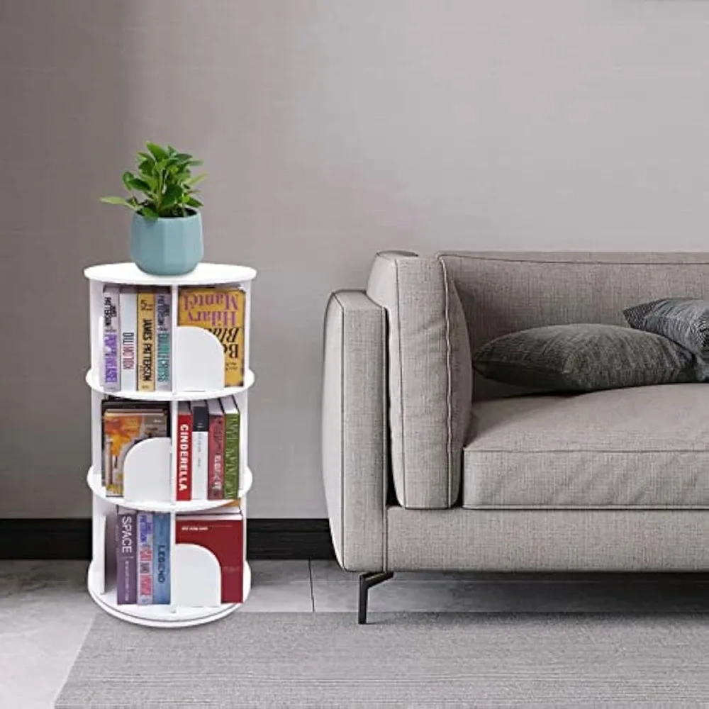 3-stufiges 360° °   Rotierendes Bücherregal, Turm, Eck-Bücherregal, PVC, schmales Bücherregal, Organizer für Schlafzimmer, Wohnzimmer, Weiß