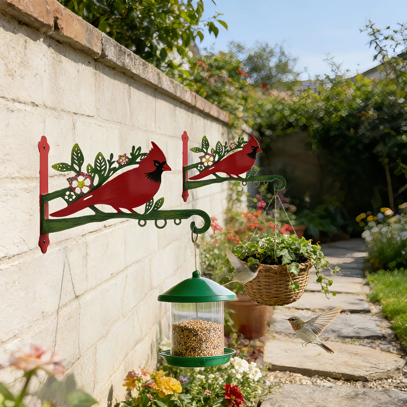 2D Hand-Painted for Use As a Bird Feeder, Wind Chime, Flower BasketA Heavy-Duty Metal Hook in The Shape of a Rustic Red Cardinal