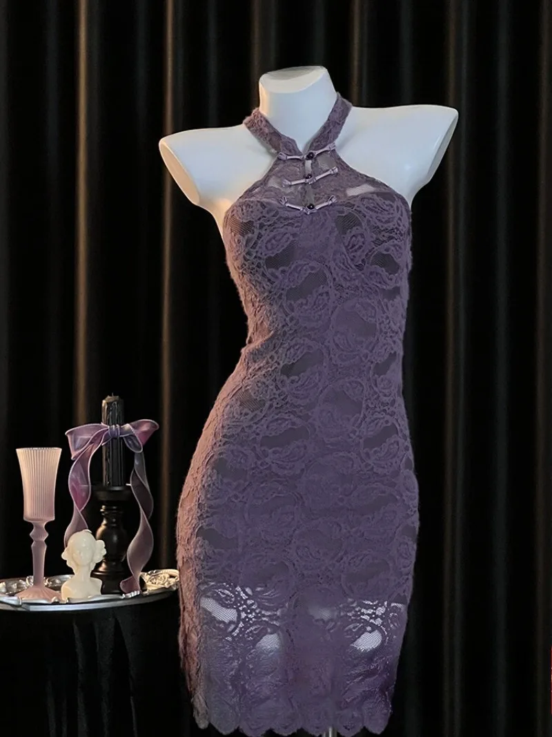 Chinese-style Seductive Allure Cheongsam DressWomen,Elegant Slimming Design,Romantic Purple Satin Lingerie,Vintage-inspired Sexy