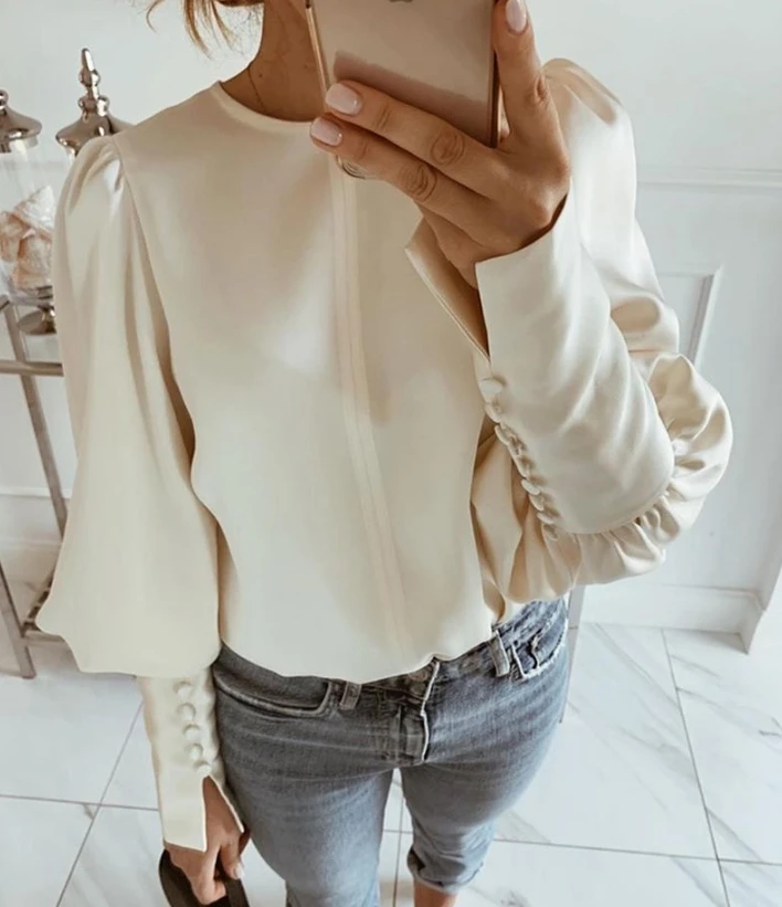 

Women's Loose Fitting Top 2024 Spring New Fashion Casual Style Solid Color Round Neck Long Sleeve Balloon Sleeve Blouse T-Shirt