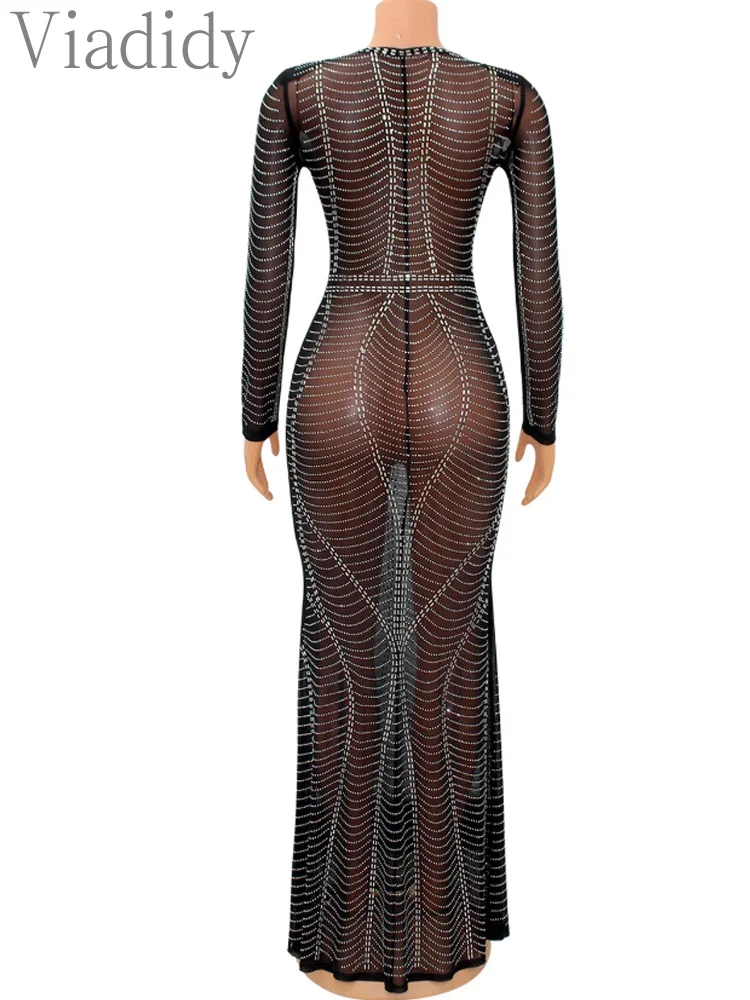 Sexy See Through Sheer Mesh Long Sleeve Hollow Out Rhinestone Decor Floor-length Party Dress