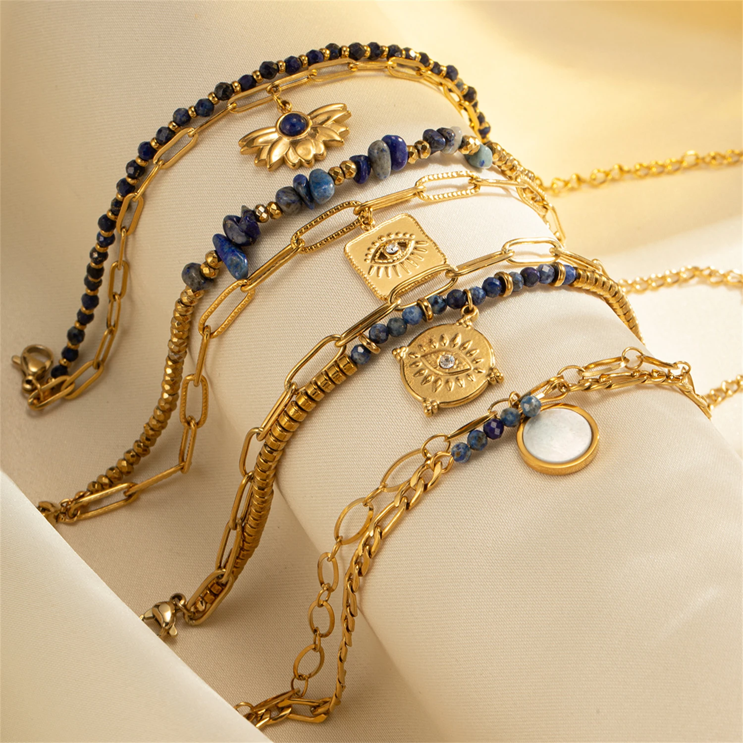 

WAKA Boho Stackable Layered Bracelets Evil Eye Charm Blue Beads Shell Mixed Chain Vintage Chic Festival Jewelry Style Women