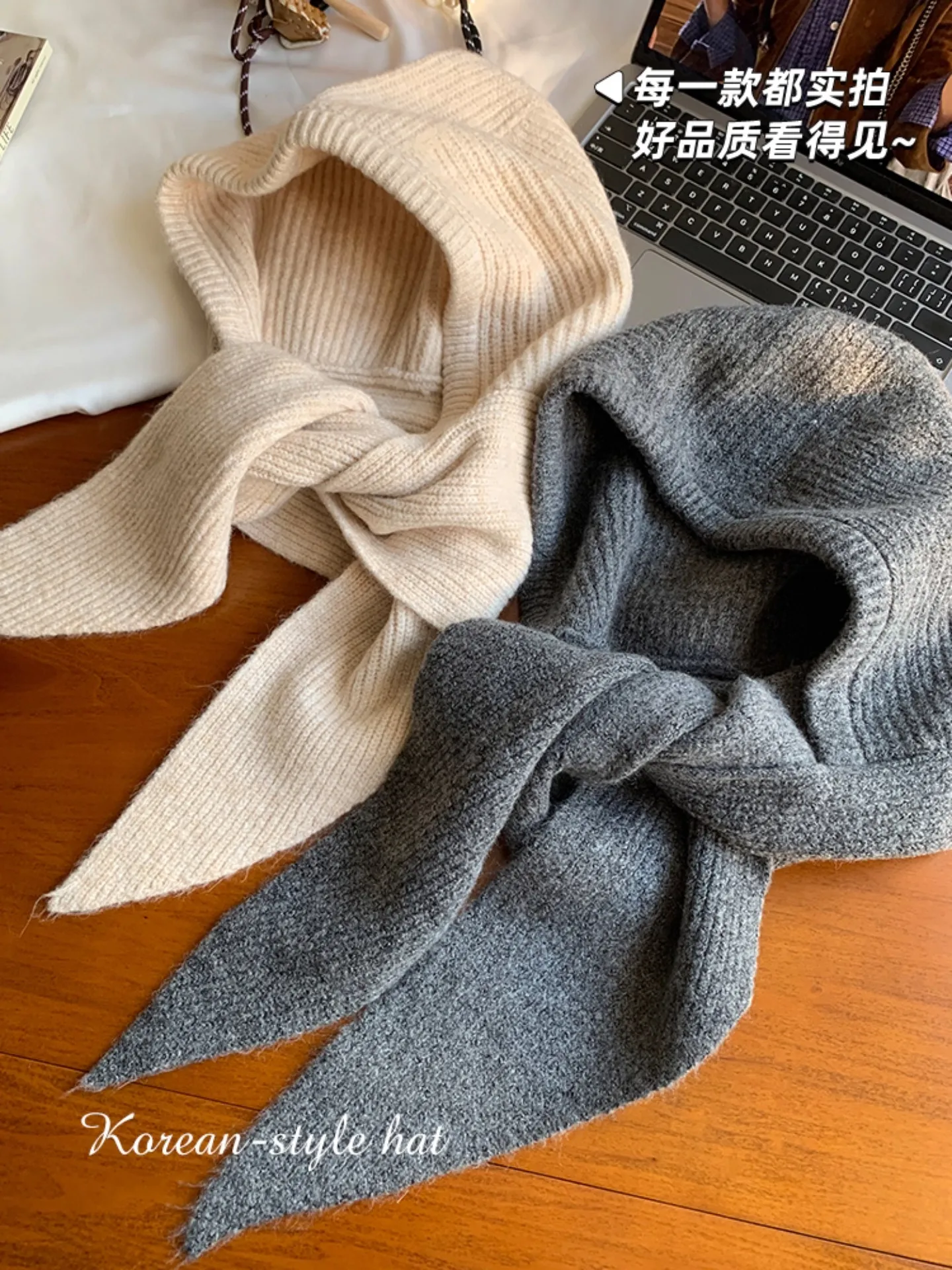 Knitted hat and scarf integrated women's autumn and winter new warm thickened ear protectors wool balaclava hat