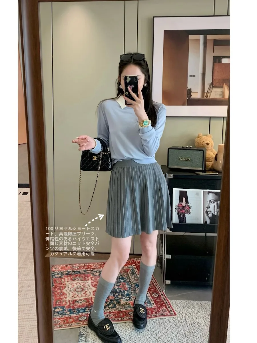 

Юбка-плиссе Zhen Chun Hua Er с высокой талией из трикотажного волокна Lenzing Lyocell с эластичными защитными шортами от просвечивания для прогулок