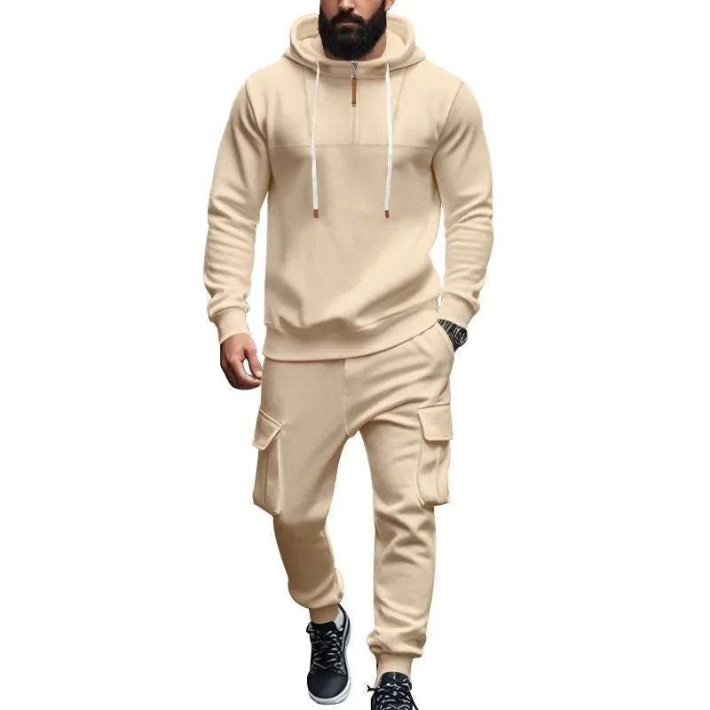 

European, American autumn and winter American heavy hooded sweater trousers fleece casual jacket men's loose sweater set