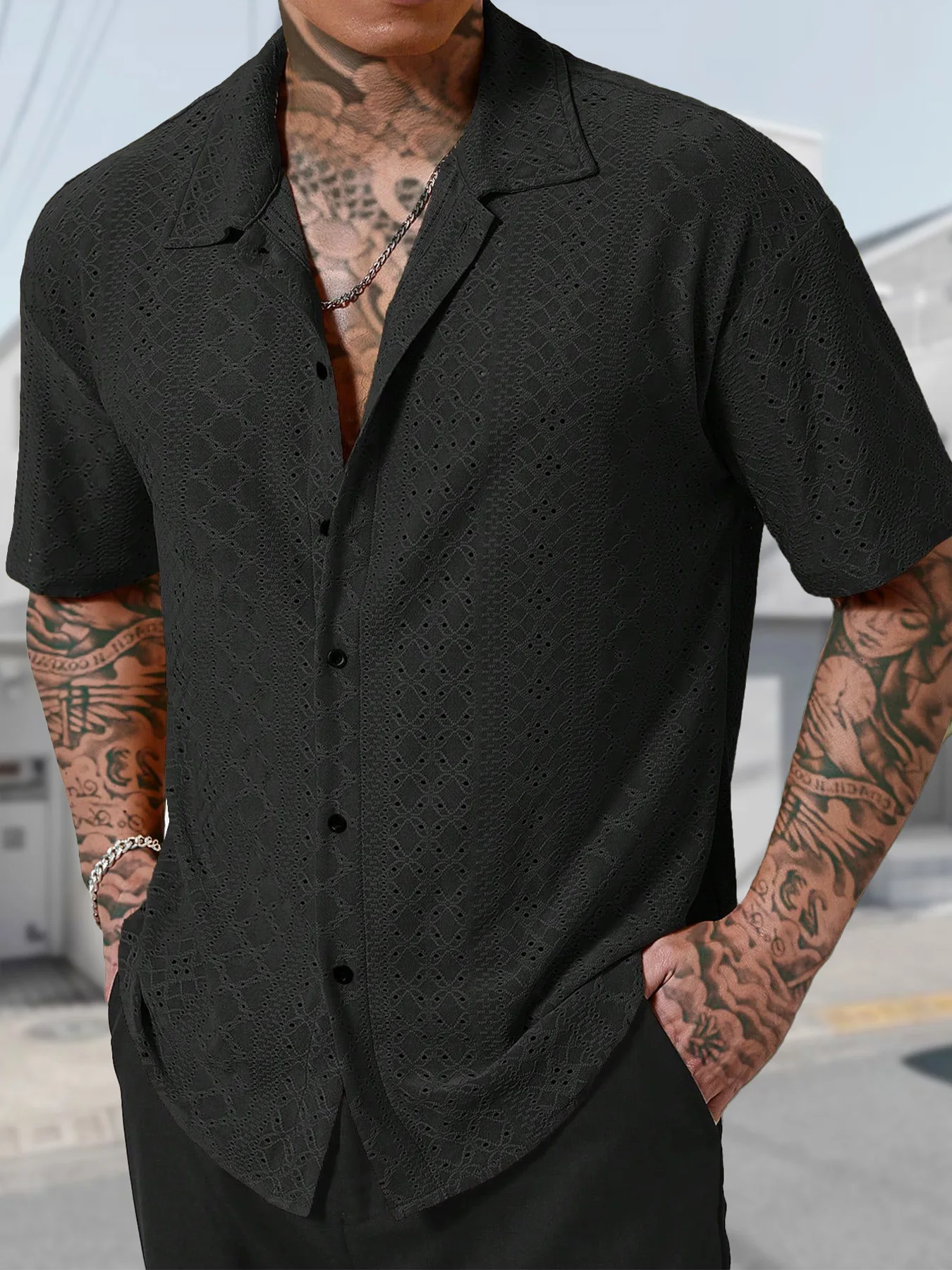 

Men's Black Diamond Jacquard Short Sleeve Shirt Summer Smart Casual Loose Top
