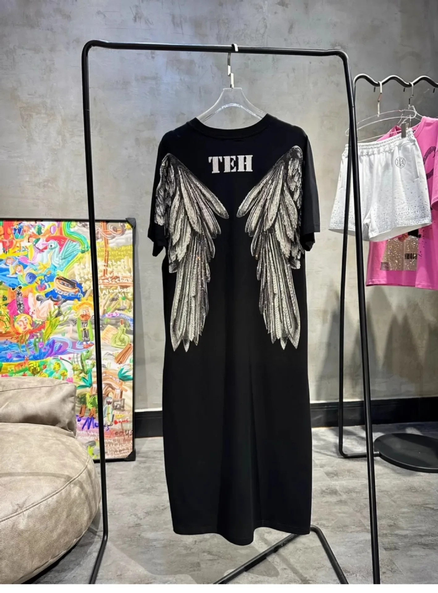 Fashion Brand Wings Rhinestone T-shirt Dress Women 2024 Summer New Hot Drilling Round Neck Short Sleeve Slit Black Long Dresses