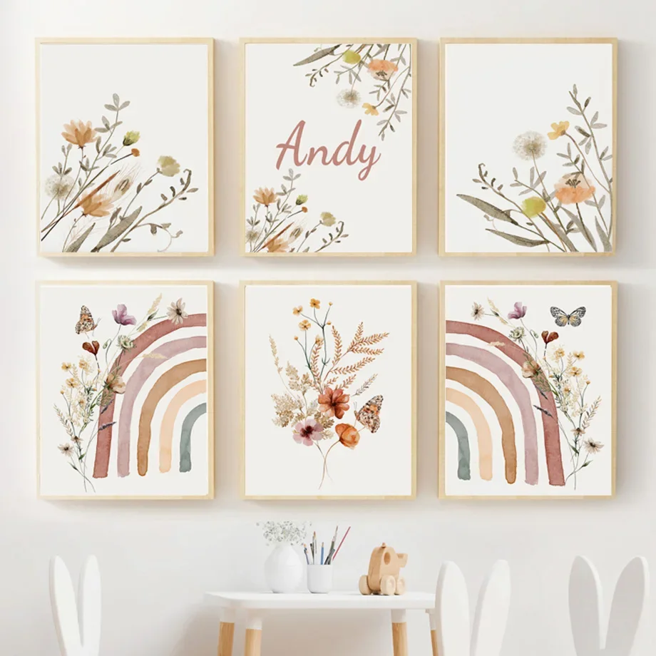 

Boho Rainbow Wildflowers Butterflies Nursery NordicPosters And Prints Wall Art Canvas Painting Pictures For Kids Baby Room Decor