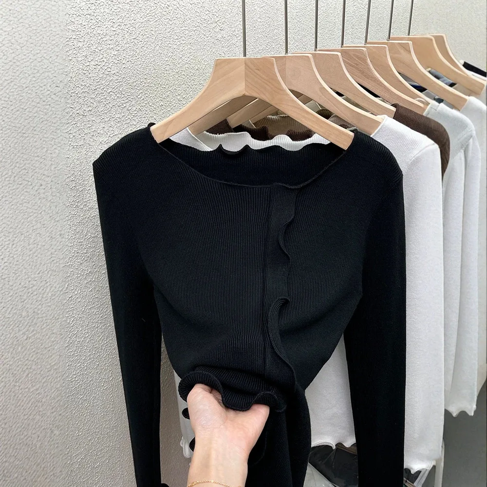 New Black Fungal Top Design Sense Sweater Knitted Bottom Shirt For Women