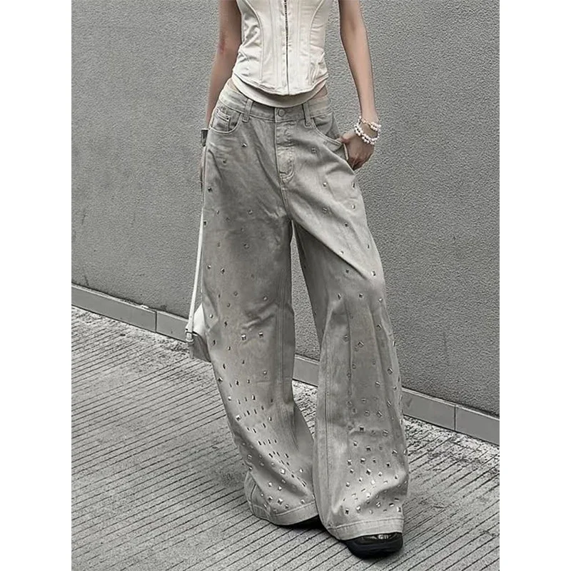 

Женские винтажные серые готические джинсы Y2k с заклепками в стиле пэчворк, мешковатые джинсовые брюки в стиле Харадзюку, уличная одежда, брюки бойфренда 2000-х, 90-х годов