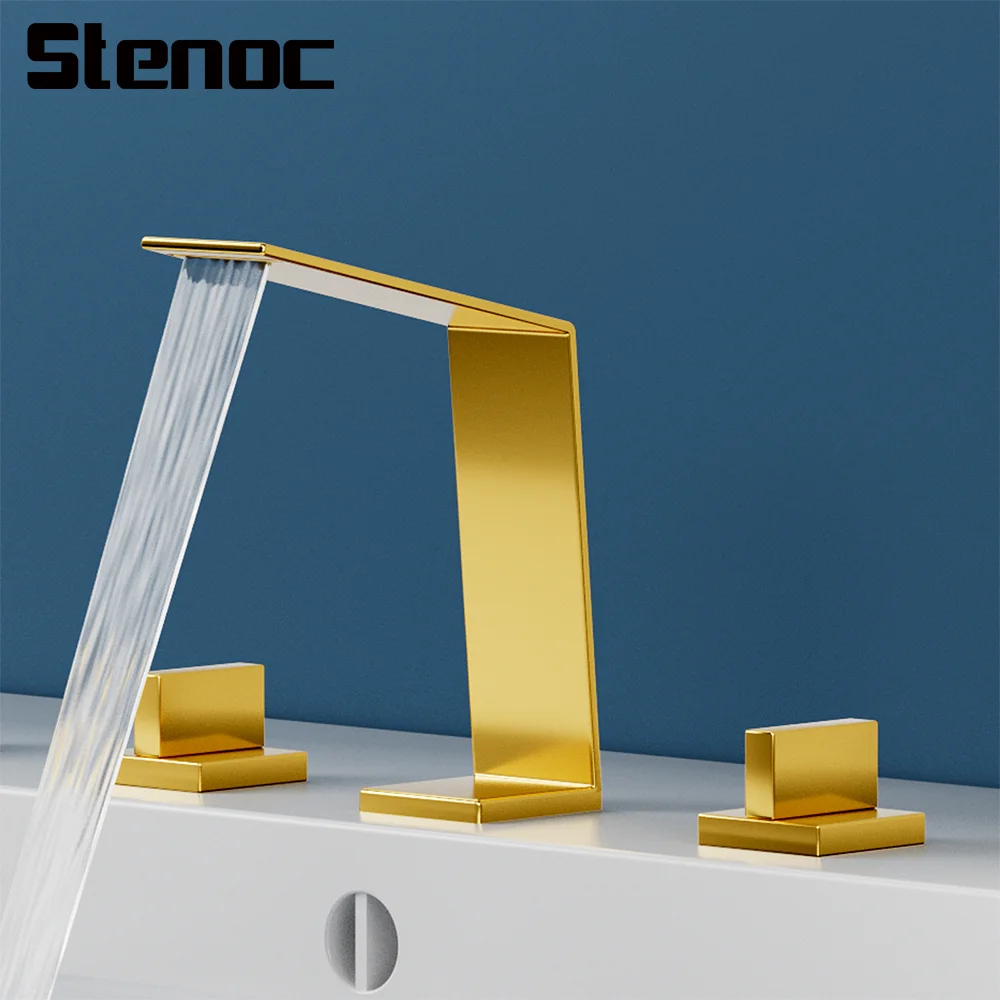 Stenoc Basin Faucet Total Brass Brushed Gold Bathroom Faucet Chrome Sink Faucets 3 Hole Hot And Cold Waterfall Faucet Water Tap