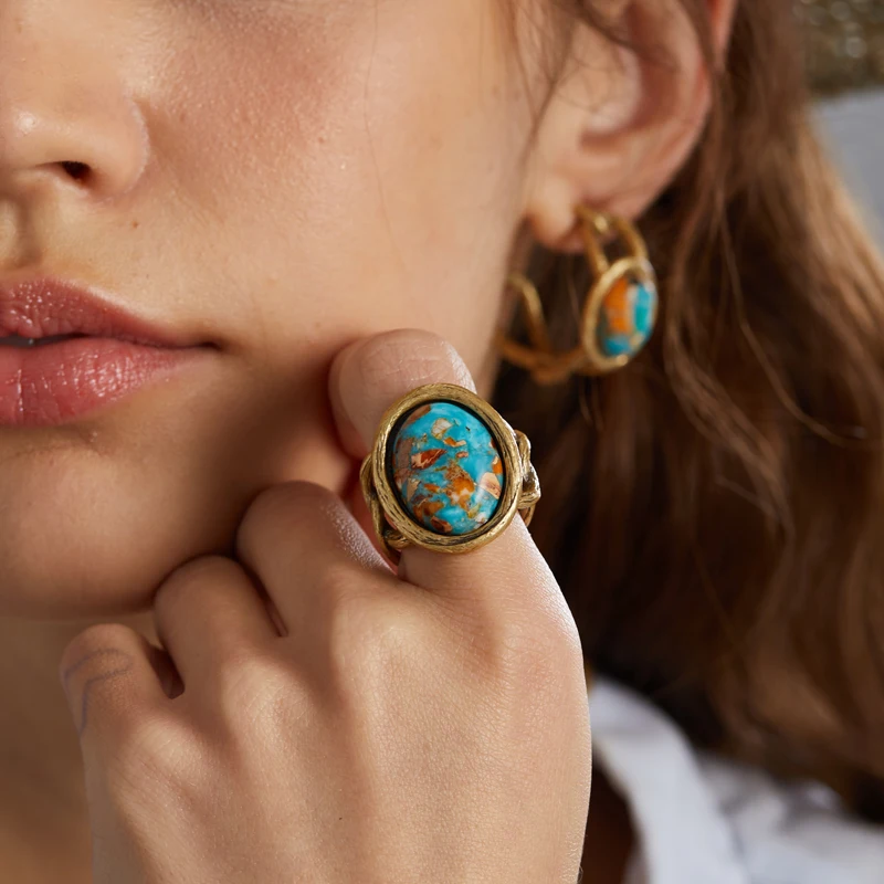 

Vintage Oval Colorful Natural Stone Antique Rings For Women Accessories Gold Color Jewelry Luxury Brands Dubai Quality Vacation
