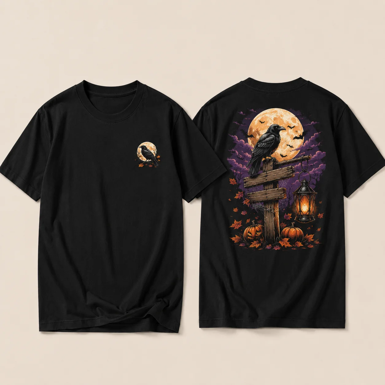 Retro Halloween Pattern Shirt Unisex 100% Cotton Short Sleeve Tees Raven Pumpkin Fashion Design Print For Holiday Party Outfits