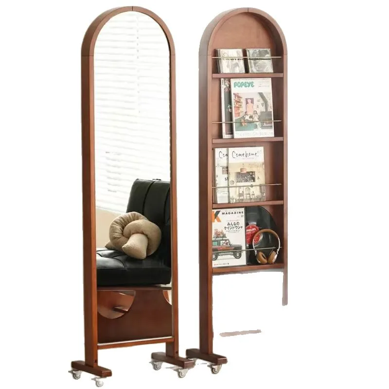 Japanese-style solid wood full-body mirror is integrated, magazine rack, cloakroom, floor-to-ceiling movable