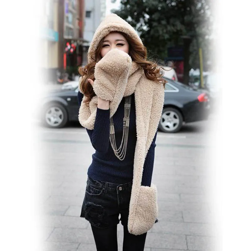 3 in 1 Women Autumn Winter Warm Plush Hood Scarf Snood Thicken New Fashion Comfortable Cute Hats Gloves