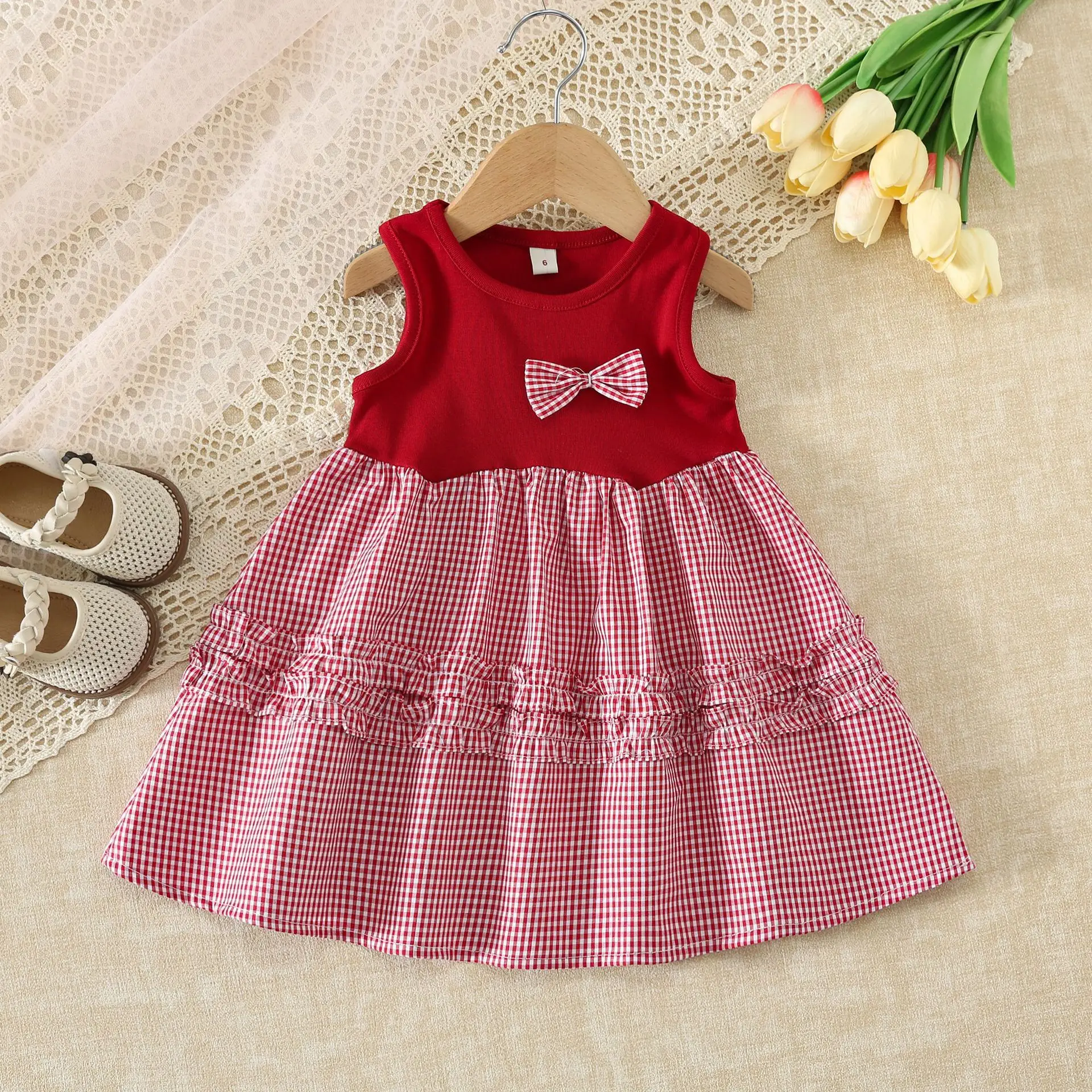 New Summer Girls' Dress Solid Color Sleeveless Vest Plaid Hem Splicing Foreign Style Korean Version Princess Dress