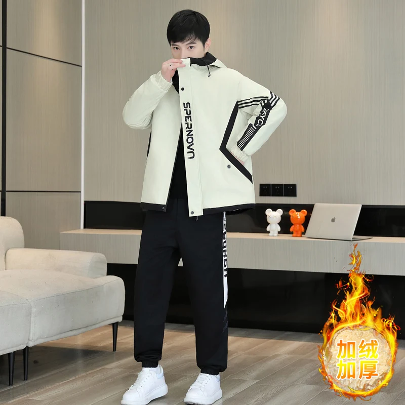 الشتاء سميكة الرجال التغلب على سترة مجموعات دافئة وسيم مقنعين قطعتين مجموعة زائد المخملية عالية الجودة الدافئة رياضية