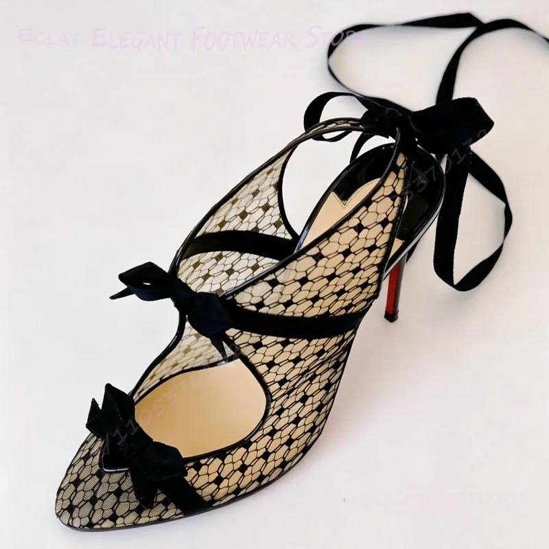 

Spotted Black Lace Mesh Bow Strap Pump Sandals Girls Cute Sexy Calf Length Strappy Stiletto Heels Ankle Strap Women Evening Shoe