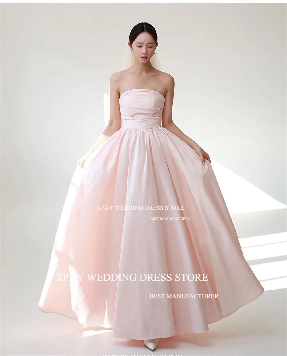 XPAY Baby Pink Satin Korea Korea Evening Dresses A Line Off Shoulder Pleats Wedding Photo Shoot Backless Corset Bride Party Gown