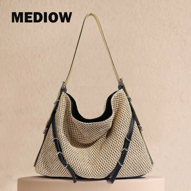 

MEDIOW England Style Straw Bags For Women Luxury Designer Handbag Purses 2024 New In Papyrus Woven Belt Buckle Underarm Shoulder