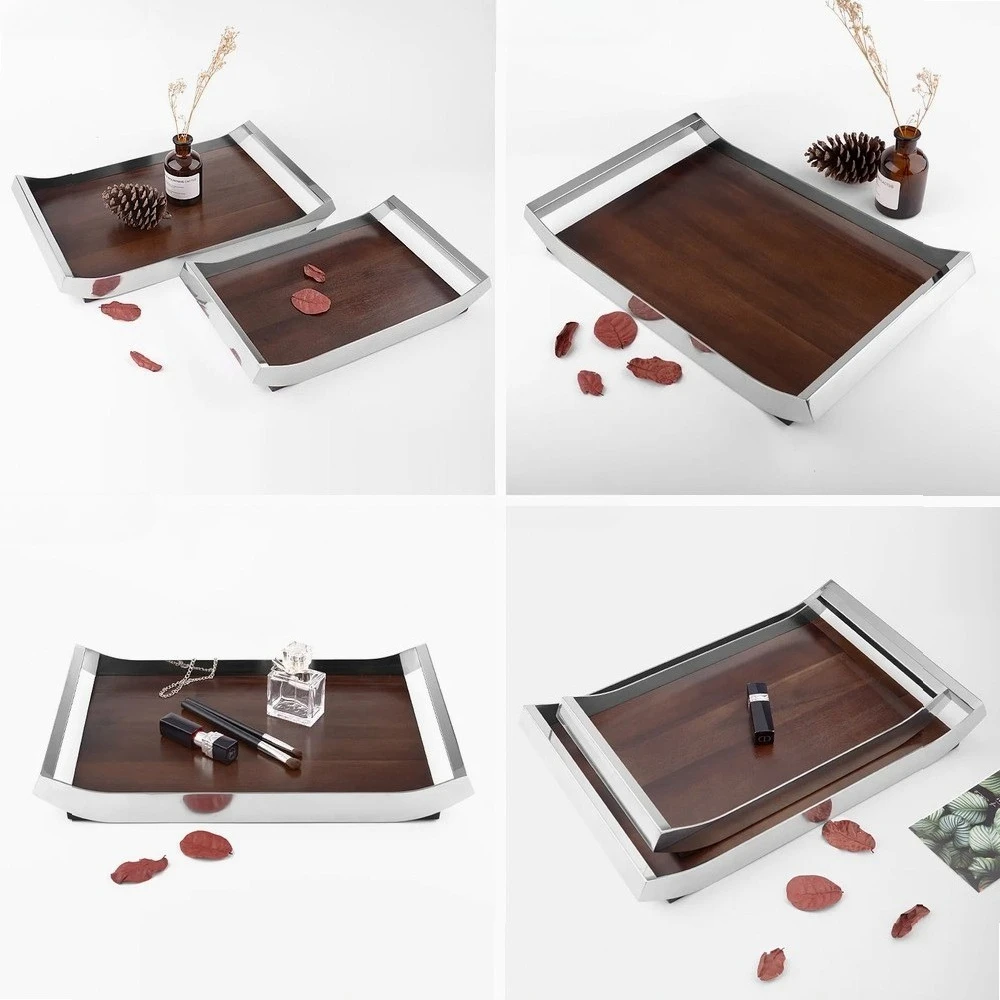 

304 stainless steel walnut wood rectangular storage storage tray sundries tea tray home decorative tray trays decorative
