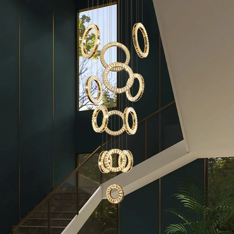 Luxury Gold Silver Led Chandelier Crystal Ceiling Lamp Staircase Home Decor Indoor Long Ring Dining Room Kitchen Light Fixture