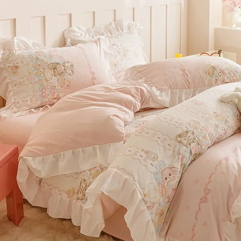 

Lolita Style Bear Print Ruffled Bedding Set, Aesthetic Girls Duvet Cover Bed Sheet 3/4 Pieces