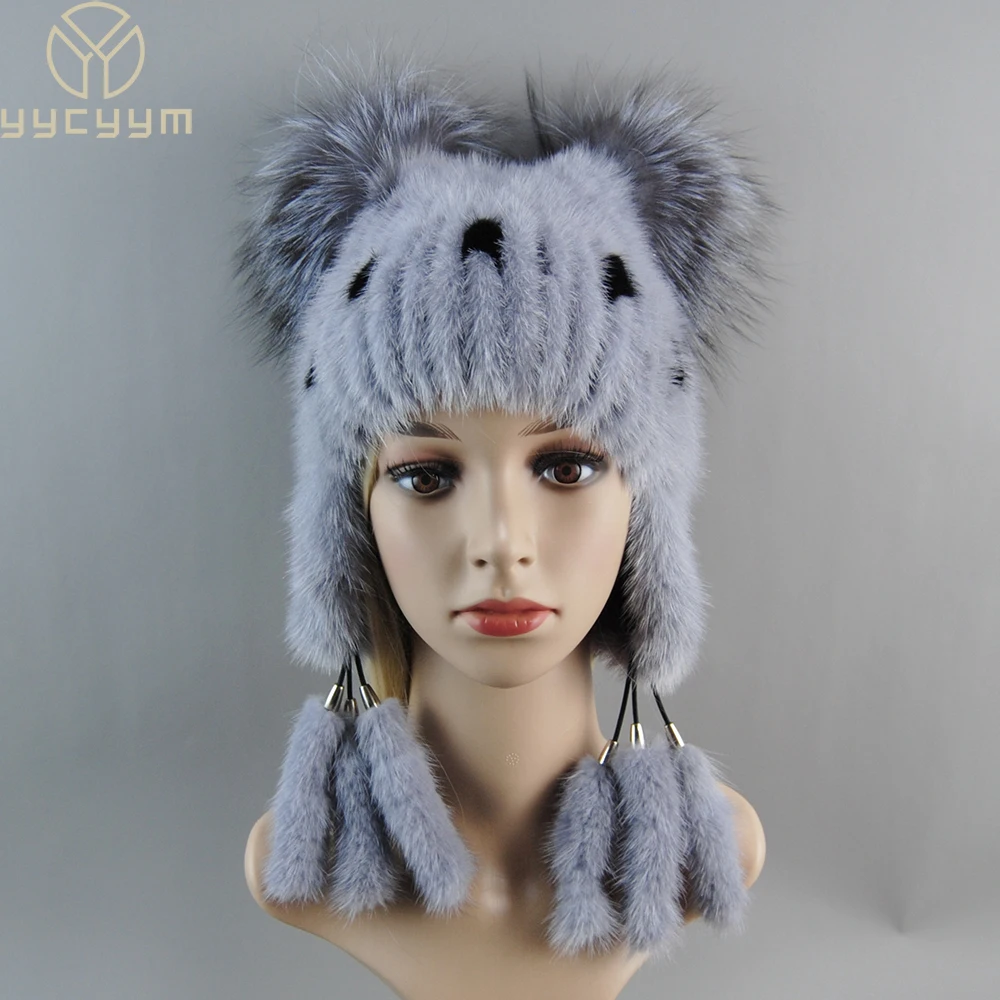 2024 New Style Real Mink Fur Hats For Women Natural Mink Fur Tails Earflap Winter Bomber Hat Women Real Fur Knitted Beanie Hats