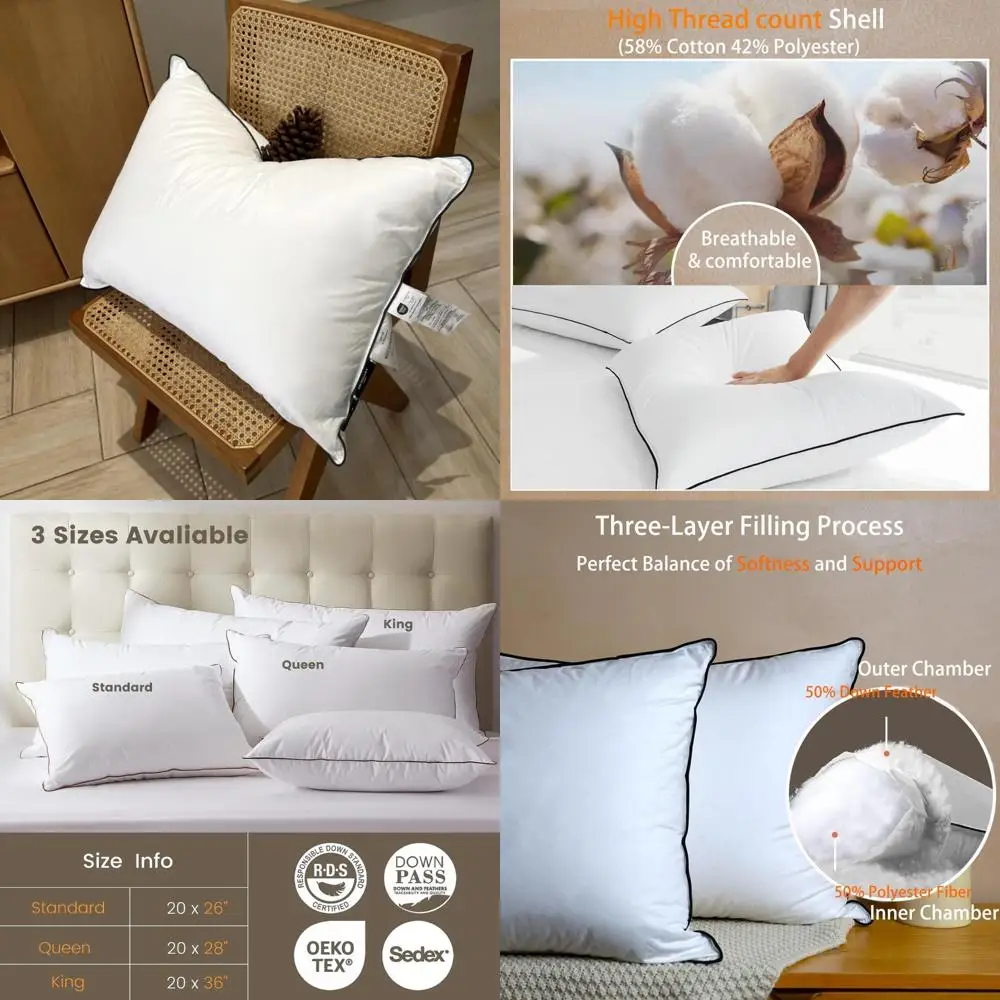 

Luxury High-Fill Goose Down Pillows - 550 Fill Power - Comfortable Support for Sleep and Back Health
