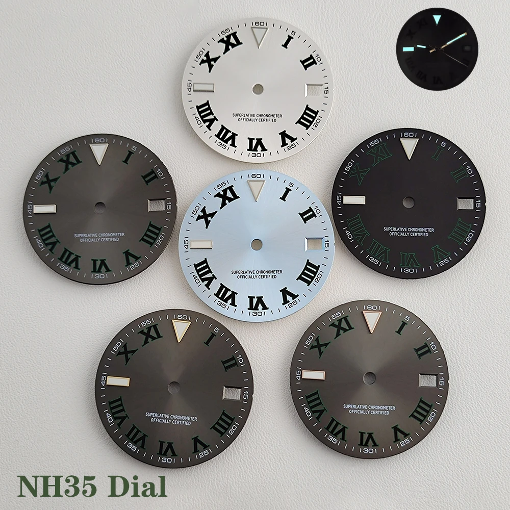 NH35 dial 28.5mm Watch dial Roman dial Ice blue luminous dial Suitable for NH35/36 movement watch accessories Watch repair tool