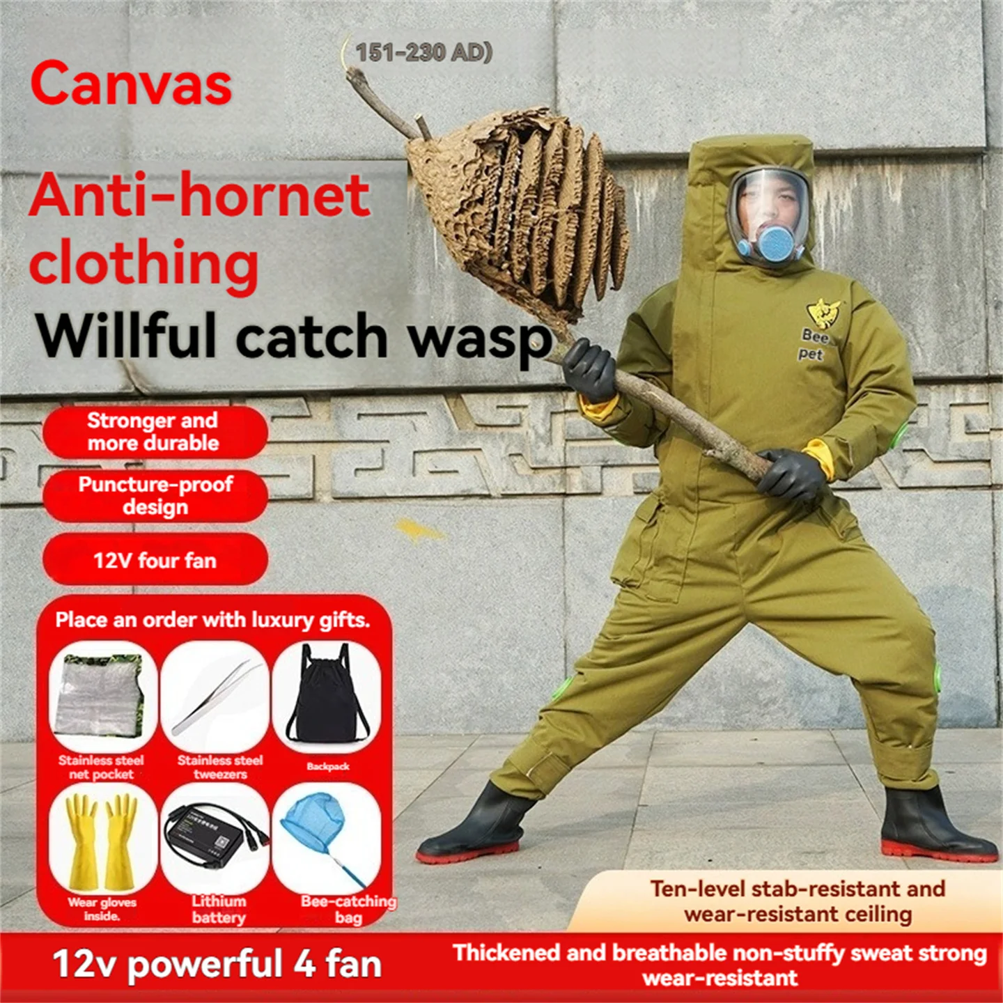 Ultra Durable Inflatable Canvas Beekeeping Suit 12V 4-Fan Breathable Cooling One-Piece Set Anti Hornet Wasp Sting Protection