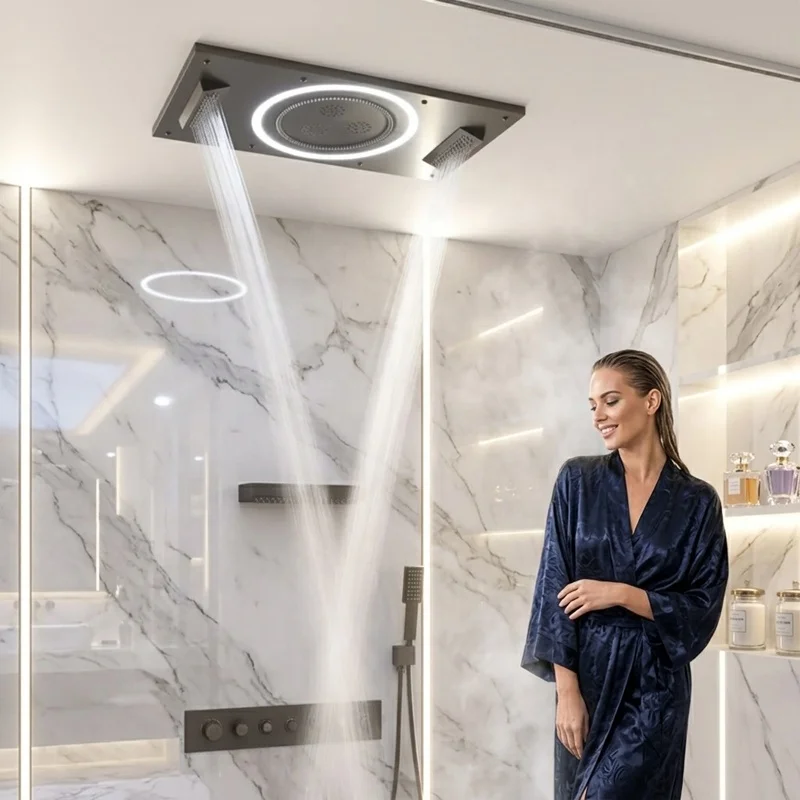 Luxury Large LED Thermostatic 5 Functions Shower Faucet Set Brushed Music Bath Shower System Set Ceiling Concealed Shower Unit