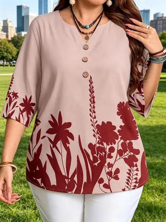 Plus Size Women Botanical Plant Silhouette Blouses Notch V Neck  Half Buttons 3/4 Sleeve Lightweight Casual Daily Tops