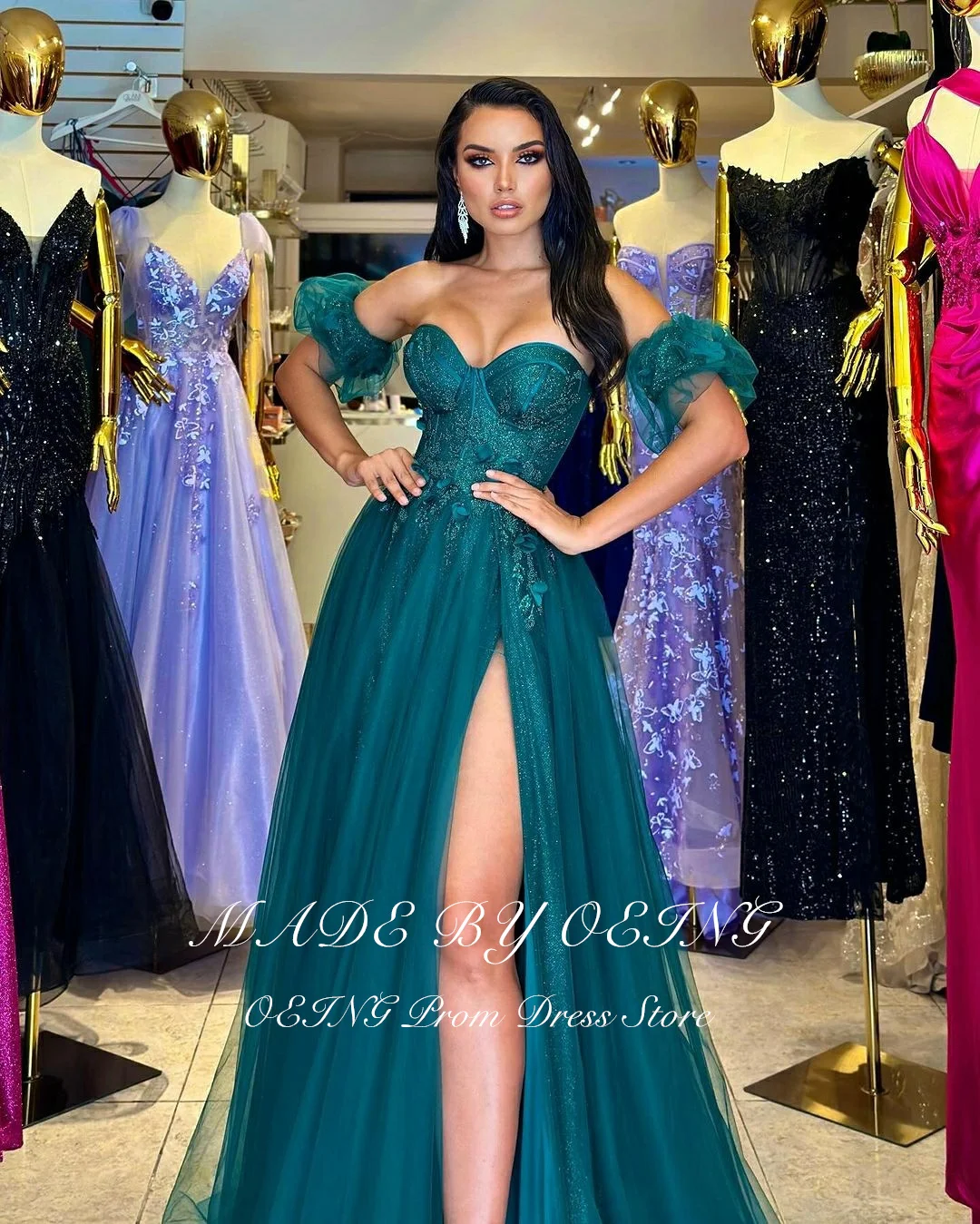 OEING Glitter Dark Green Prom Dress Sexy Off The Shoulder 3D Appliques Party Dresses Formal Evening Gown Vestidos De Fiesta