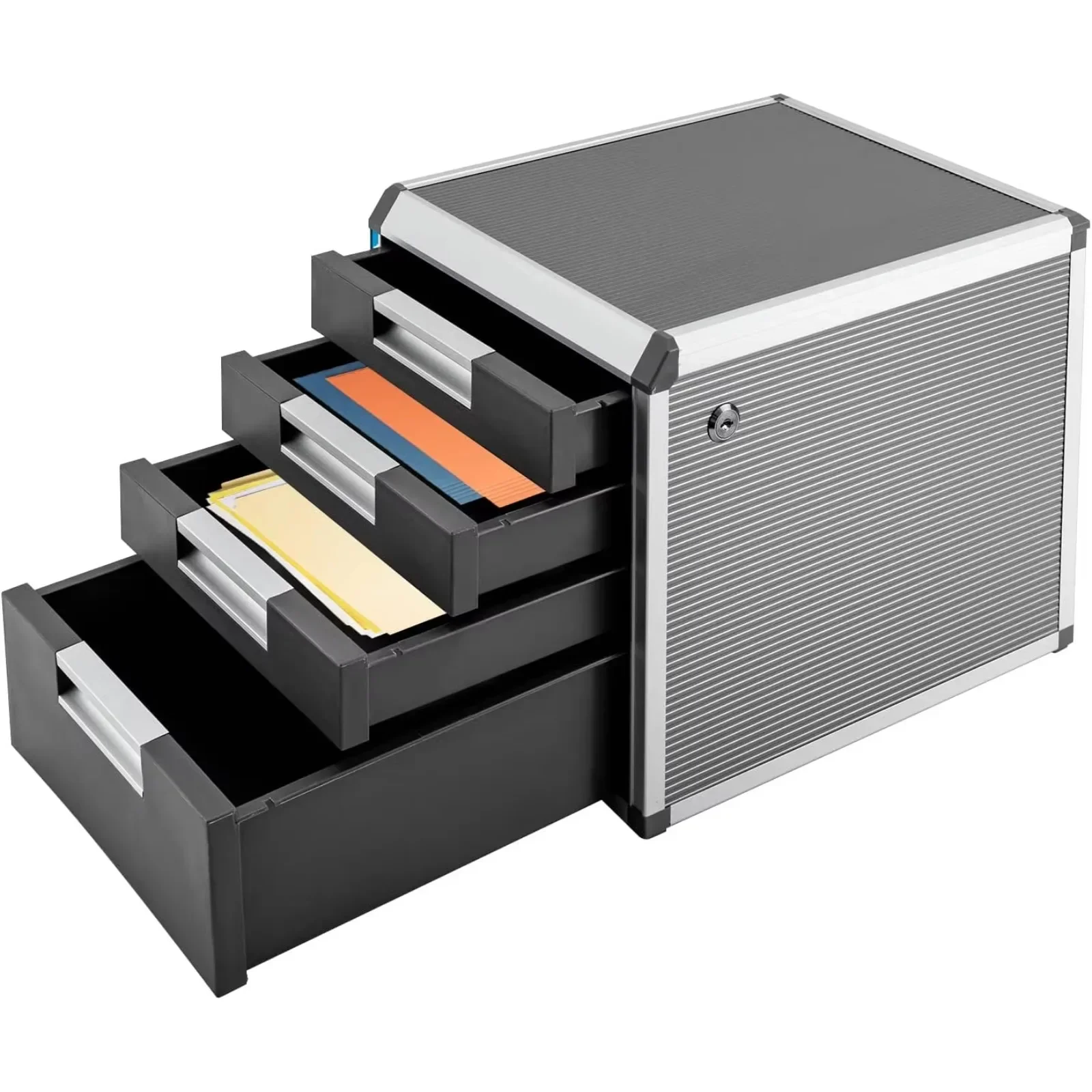 

4 Compartments Office Drawer Box, Aluminium Document Storage Box, Organiser Office for A4 Documents, Lockable, Silver