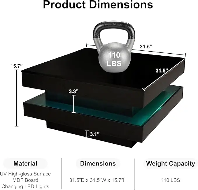 Coffee Table LED, 2-Tier Modern Middle Center Table, Coffee Tables with 16-Color Plug-in Light, Cocktail Tea Table, Coffee Table