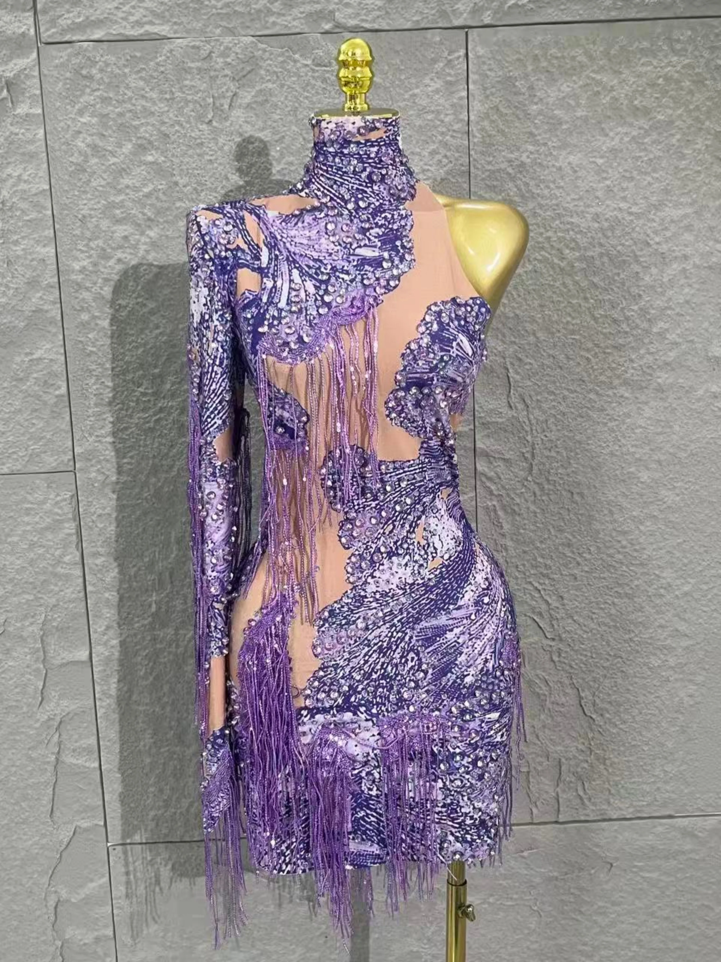 Mini robe violette extensible à manches simples pour femmes, nouvelle célébrité, Sexy, boîte de nuit, chanteur, danseuse, pompon, Costume de scène, fête, 2025