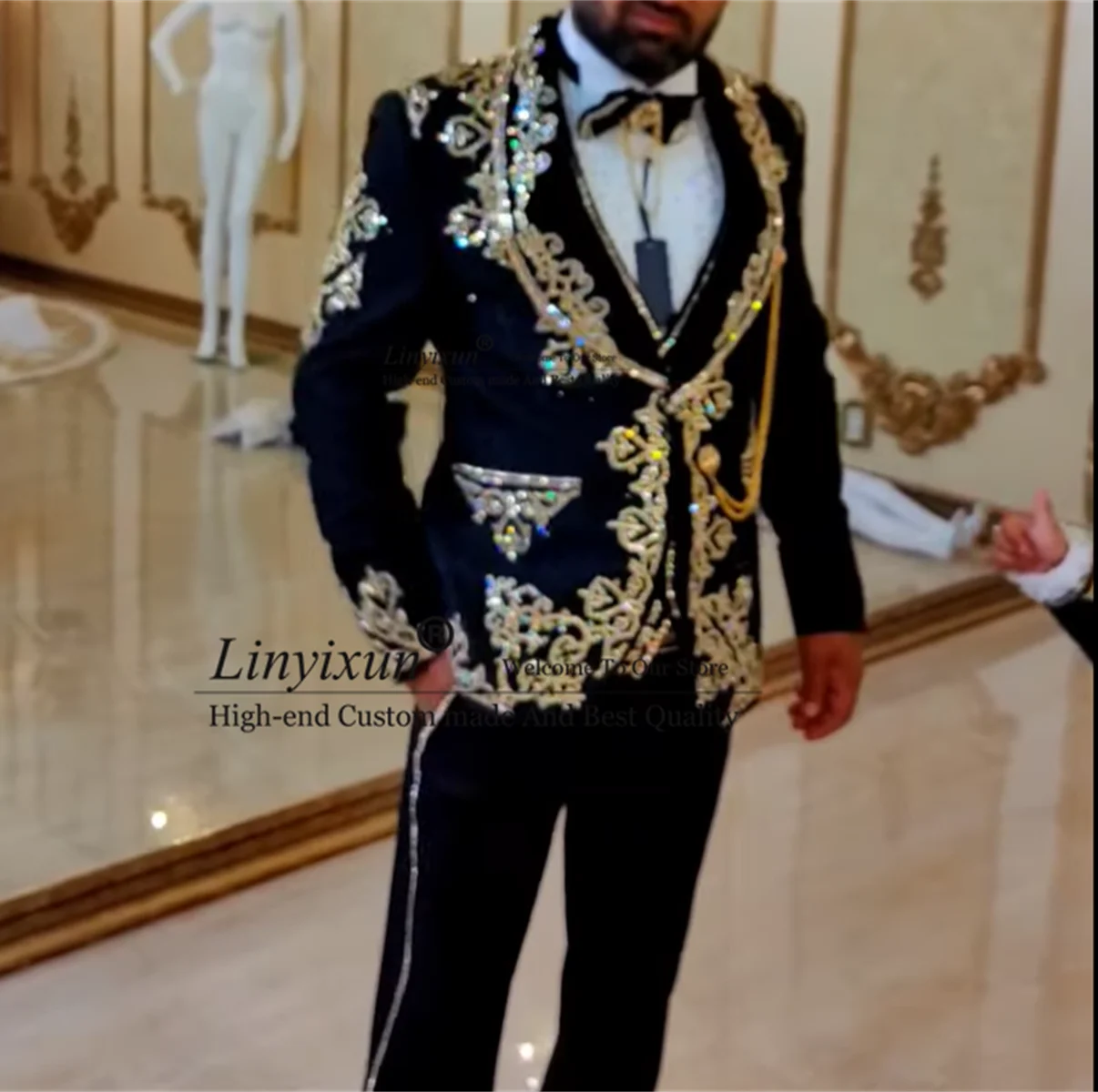 luxury Embroidered Diamond Men Suits 3 Pieces Sets Male Dinner Prom Blazers Groom Tuxedos Slim Fit traje de hombre elegante