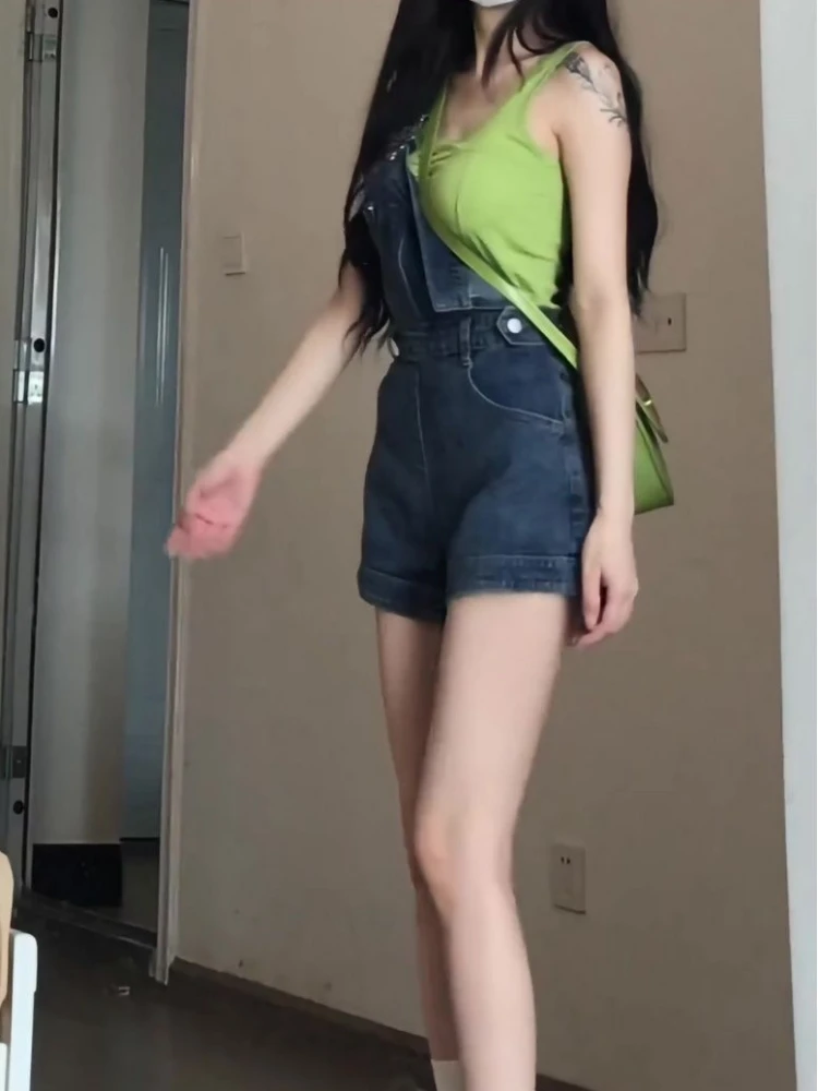 

Denim Rompers Women Vintage Blue Y2k Hign Waist Straight Sashes Pockets Casual Slim Fit Students Streetwear All-match Fresh Chic