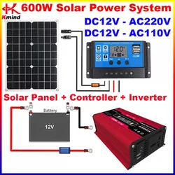 220volt 110volt Solar Panel 18v 18W Complete Kit Power Inverter Set 12v to 220V 110V 600w Converter Transformer Panels System