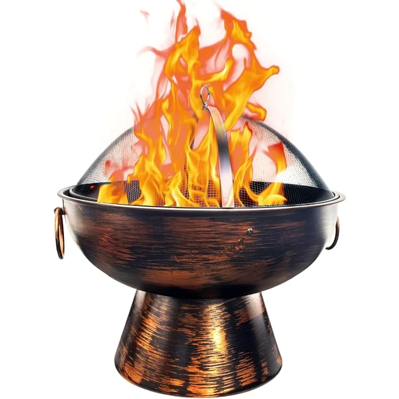 22 in Round Outdoor Fire Pit – Wood Burning Fire Pit with Mesh Lid– Durable Alloy Steel Fire Pits for Outside