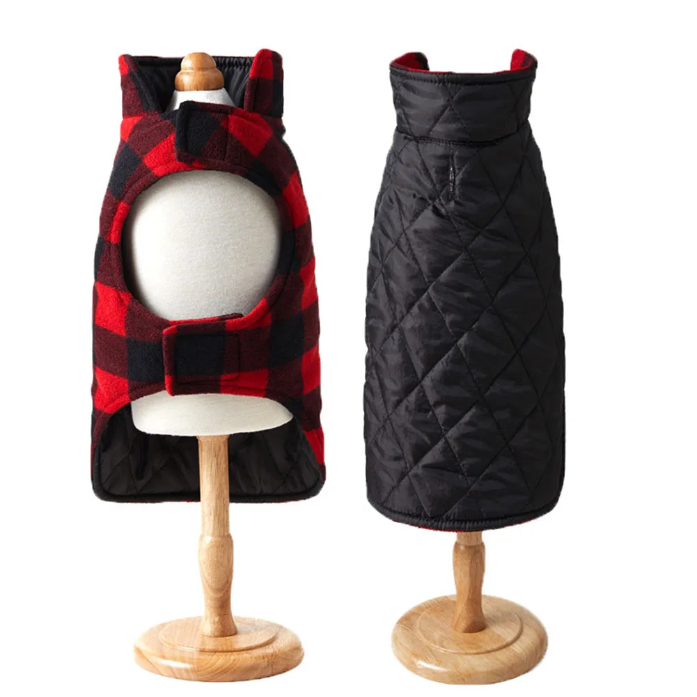 Dog Clothes Adjustable Plaid Coat Winter Thickened Windproof Double-sided Jacket For Small Medium Large Dogs